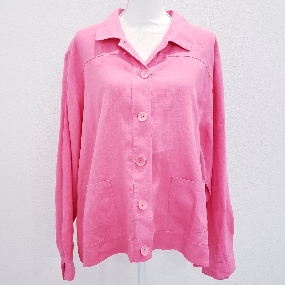 FLAX Pink Button Down Collard Light Weight Linen Jacket Size Large